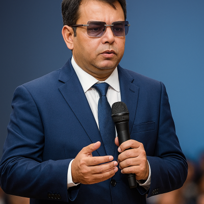 Professional Speaker in Navy Suit